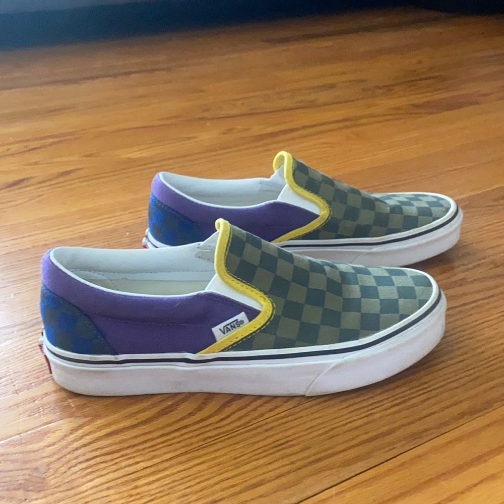 multi color checkered slip on Vans